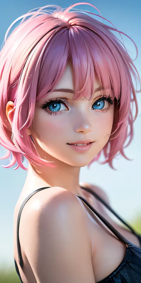 baby face, (pink short hair:1.5,messy hair:1.5), (photorealistic:1.8), (masterpiece, side light, exquisite beautiful eyes: 1.5),...