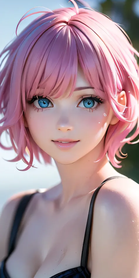 baby face, (pink short hair:1.5,messy hair:1.5), (photorealistic:1.8), (masterpiece, side light, exquisite beautiful eyes: 1.5),...