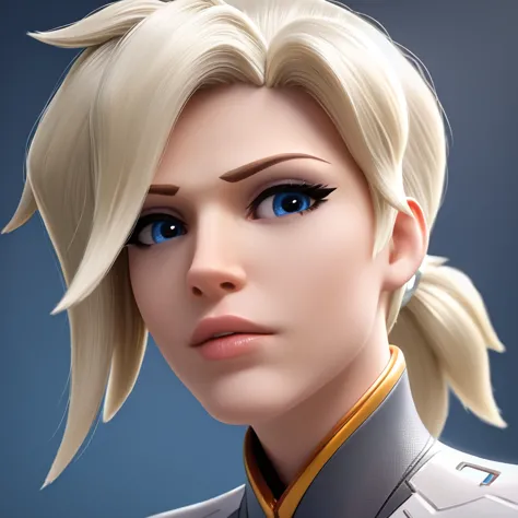 1 woman, overwatch mercy, high quality, short low ponytail, shot from behind, ultra-detailed, realistic, cinematic lighting, dra...