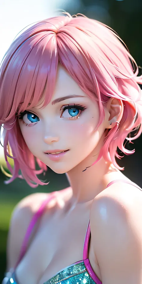 baby face, (pink short hair:1.5,messy hair:1.5), (photorealistic:1.8), (masterpiece, side light, exquisite beautiful eyes: 1.5),...