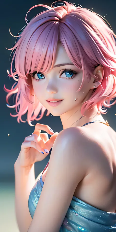 baby face, (pink short hair:1.5,messy hair:1.5), (photorealistic:1.8), (masterpiece, side light, exquisite beautiful eyes: 1.5),...