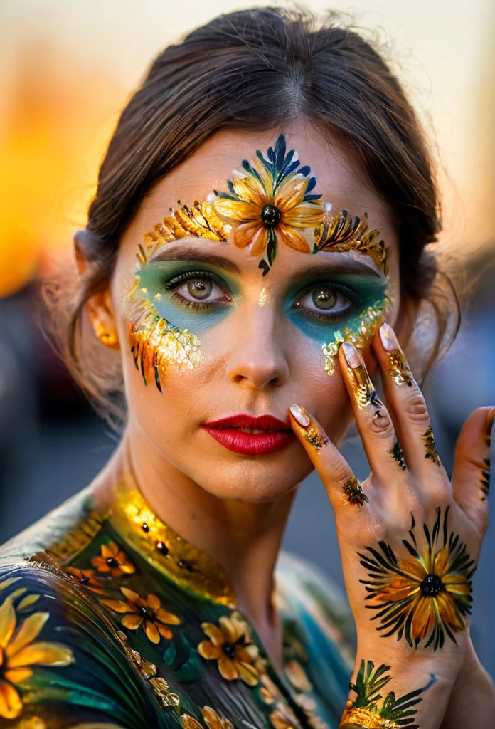 MFelicity Jones doing body painted art, floral style,highly detailed, Midshot, (Perfect Hands), skin textures, ,raw format, intricate details,vivid paint colors,street photography,golden hour, natural light,High resolution,dusk setting,medium shot,warm color tone, blurred background, shallow depth of field,((perfect eyes)),detailed eyes