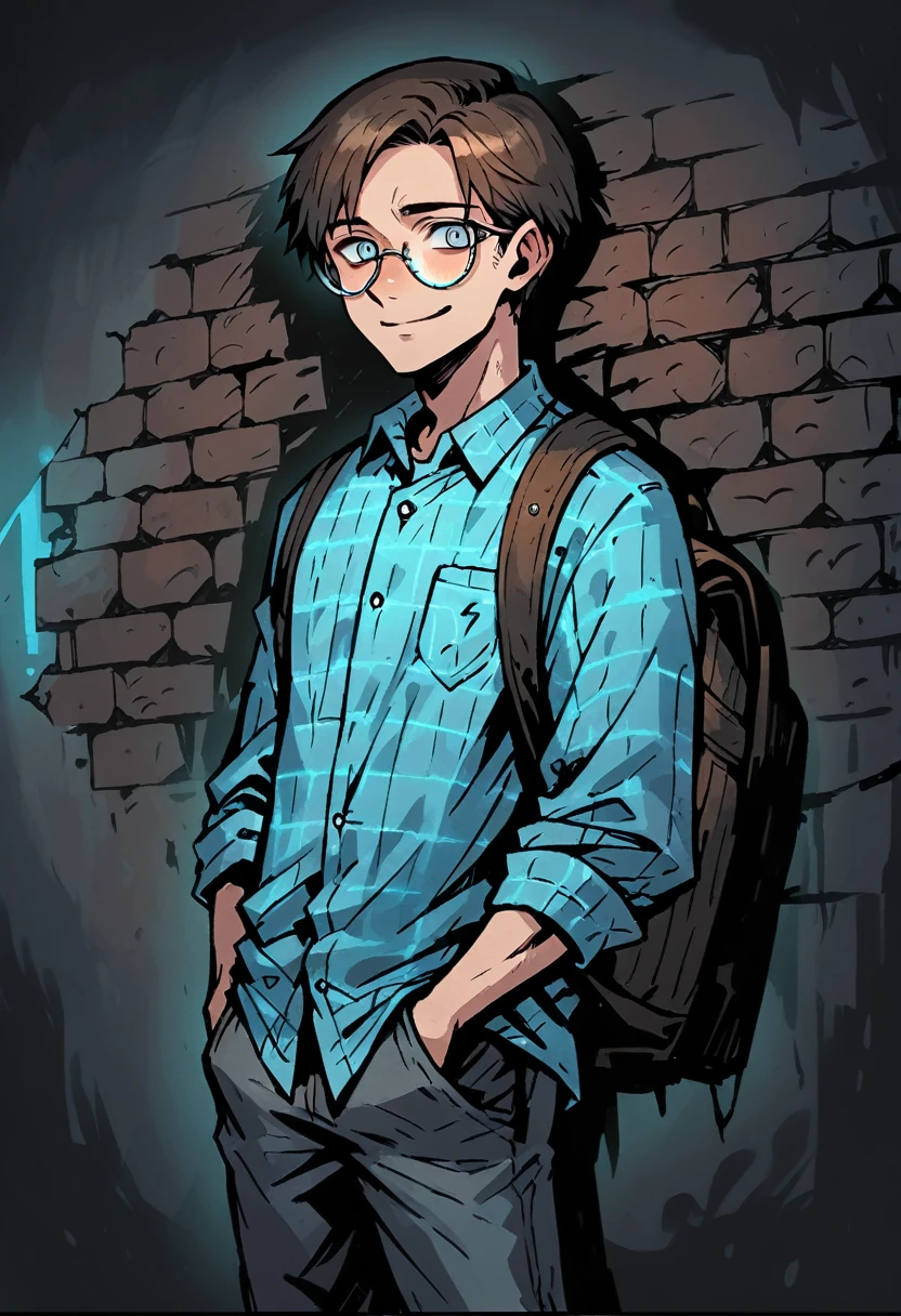 Medium close-up of a pale, slender schoolboy, brown-haired, korean perm hairstyle, straight black hair, contrast blue-gray eyes. He has uncomfortable smile expression, looking directly at the viewer, with a finely detailed, ultra-clear face. Hands in hands in pants pockets. He wears oversized round glasses and a clean nvay blue plaid shirt. Leather backpack. The background features a weathered brick wall with neon blue light, creating dark, atmospheric scene. Highly detailed, inspired by Chris Bourassa's. Dramatic lightning, blue neon lamp lights behind. Somber character design with thick outlines.