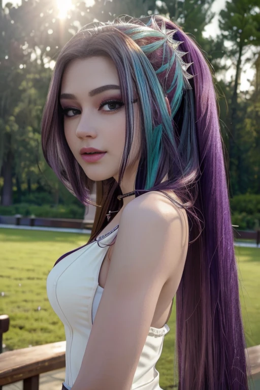 (The best quality, 4k, 8k, High Resolutions, masterpiece:1.2), Ultra detailed, detailed face, detailed lips and eyes..........., nice makeup , attractive appearance, Expressive face, realistic,
BREAK   ,Beautiful Caucasian woman , beautiful teen model 1, Grandes purple eyes, clear skin, slim and athletic, Long hair , Collections,
BREAK  (dynamic pose),  big breasts , excited expression, Soft sunlight illuminating the scene, Subtle movement of the wind in the hair, happy expression, gloomy atmosphere, kindly, Natural lighting that emphasizes your features..........., Subtle shadows that add depth and dimension to the image....... mlp , Aria Blaze  , purple eyes , Long purple hair with turquoise highlights, cabello color morado con Collections , park , Evening , full body  , posing sexy , usa outfit sexy