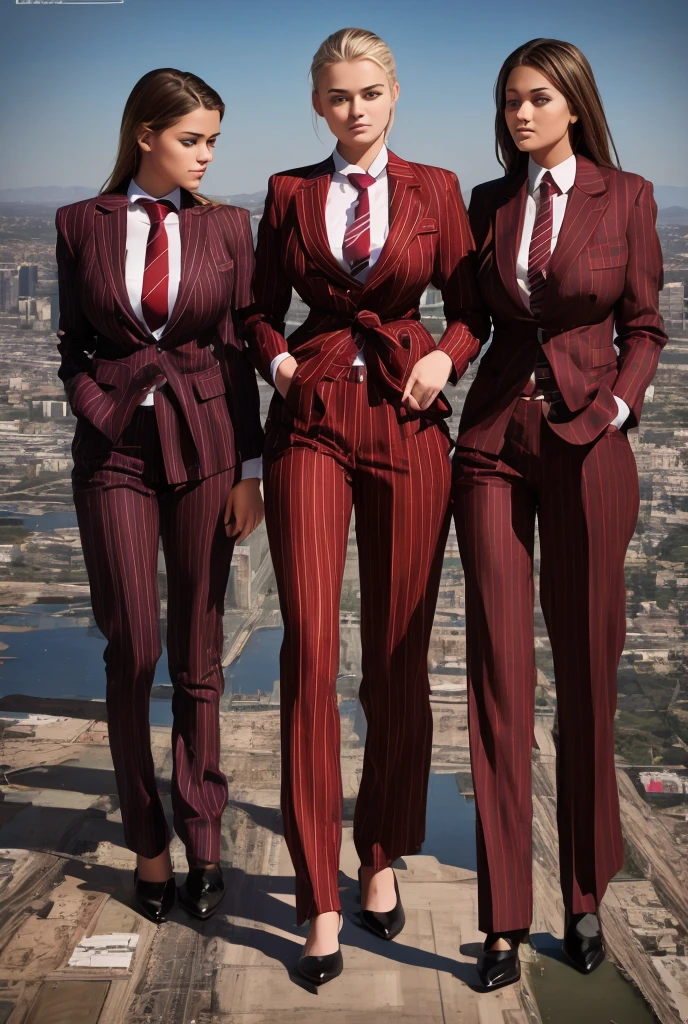 A young mother and her two daughters aged 18 and 20 each taller than 7 foot all wearing red pinstriped trouser suits, white shirts heels and a larger paisley necktie. Large breast giantess art tiny city