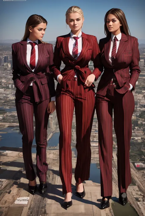 a young mother and her two daughters aged 18 and 20 each taller than 7 foot all wearing red pinstriped trouser suits, white shir...