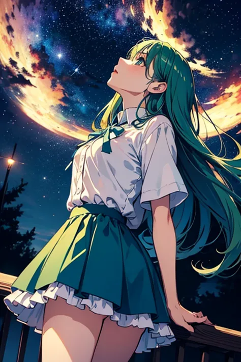 anime、best quality、a woman looking up at the sky、green long hair、4、white blouse、blue short tight skirt、evening、near night time、s...