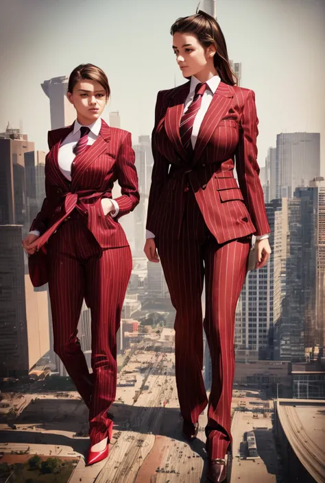 a young mother and her two daughters aged 18 and 20 each taller than 7 foot all wearing red pinstriped trouser suits, white shir...