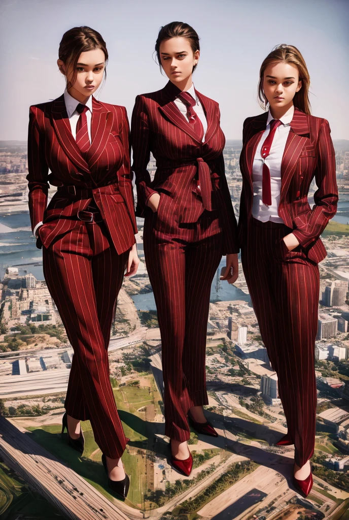 A young mother and her two daughters aged 18 and 20 each taller than 7 foot all wearing red pinstriped trouser suits, white shirts heels and a larger paisley necktie. Large breast giantess art tiny city