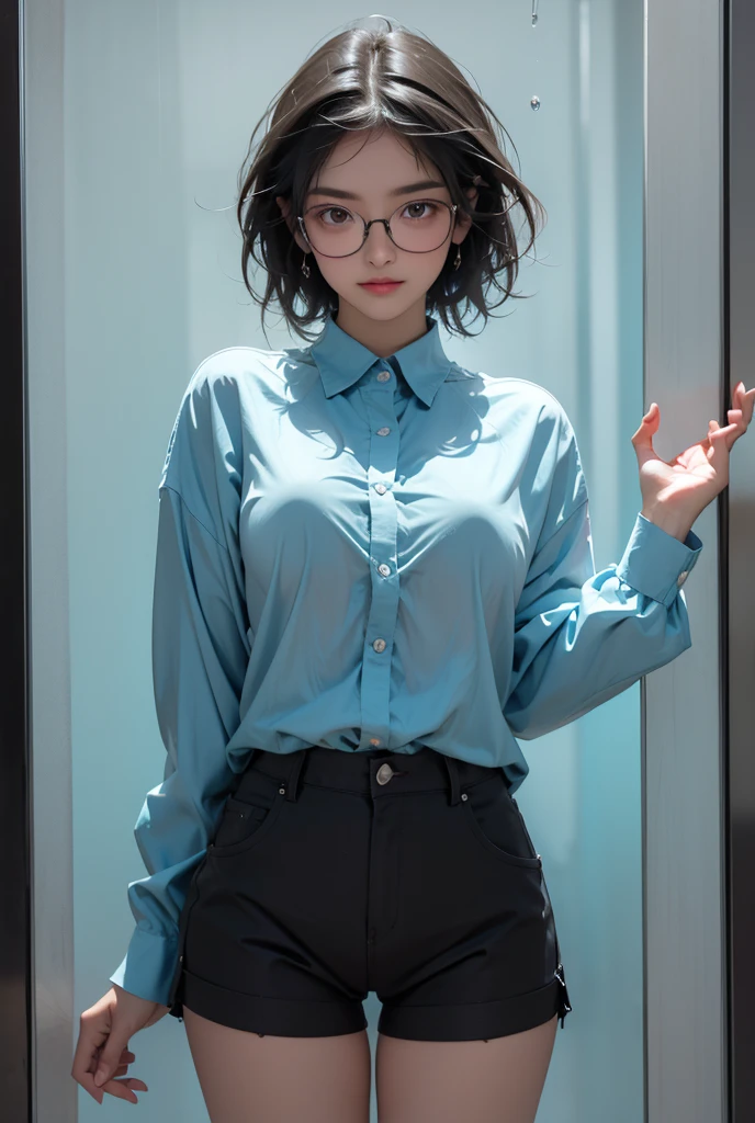 1girl, rounded glasses, big glasses, smiling, looking at the camera, short messy hair, dark-skinned, rounded eyes, cyan blue shirt, black shorts, close up, magazine shot, dynamic pose,transparent outfit,water drop,breasts on glass,hands on glass