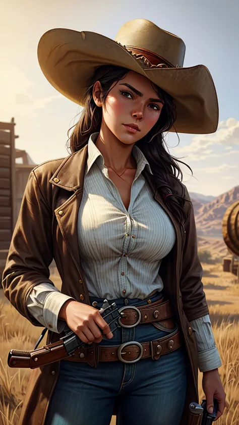 a close up of a woman dressed as a cowboy holding a gun, estilo de arte red dead redemption, oldwest, wild west, post - cowgirl,...