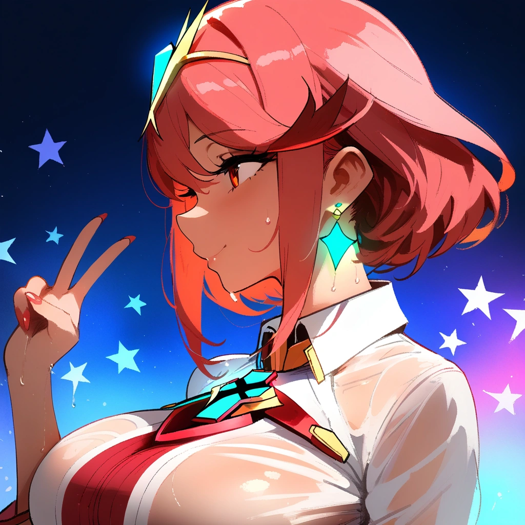 1girl, pyra \(xenoblade\), xenoblade chronicles \(series\)

\\\\\ masterpiece, best quality, newest, ///// nyantcha, khyle, cutesexyrobutts \\\\\  highres, absurdes. , solo, wet, sweat, shiny skin,  big breasts, naughty face, shirt, starry background,,, v, collared_shirt, transparent, see-through, red eyes, profile
