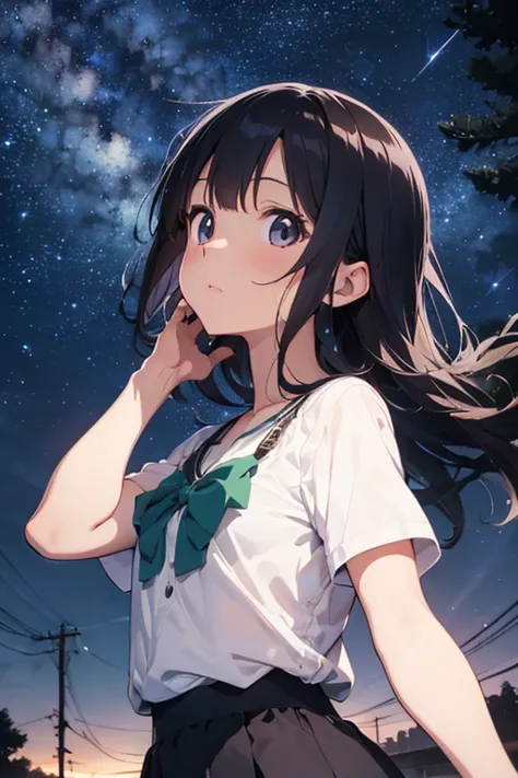 anime、best quality、a woman looking up at the sky、green long hair、4、white blouse、blue short tight skirt、evening、near night time、s...