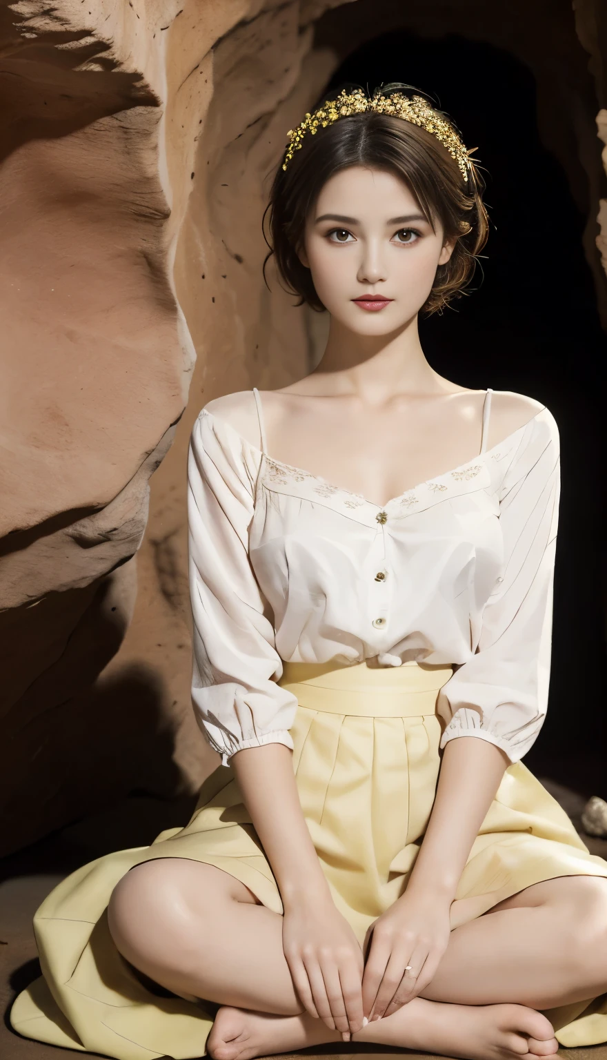 261(20-year-old female,Short hair), (masterpiece, Best quality, Beautiful:1.2，Cami White), Very detailed, (Small wavy hairstyle:1.1), (Colorful clothing:1.1), (Cave Tours:1.2), Middle distance half,  (Many colors skirt:1.2),  (Hall of Rococo Relics 1.2)，Sit on the ground and rest，Multiple postures，Interior Light Photography