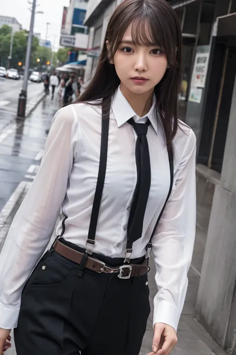 a woman in a suit, belt, hands behind back, sweating, suspenders, black pants, large breasts, see-through clothing, rain, detect...