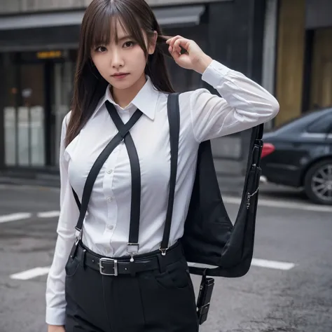 a woman in a suit, belt, hands behind back, sweating, suspenders, black pants, large breasts, see-through clothing, rain, detect...