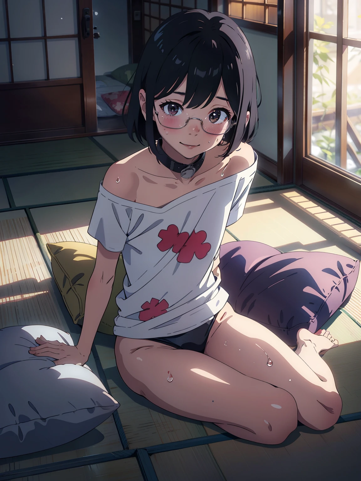 (high quality)，Young  alone，baby face，naked，Very short stature，Very small and flat chest，Very flat chest that looks like it might expand，Very thin limbs，Very thin thighs，Small Ass，Extra-long T-shirt in extra large size, Very loose collar、Loose Fit T-Shirt，（Off the shoulder），Glasses，blush，Sweat，At dusk，Beautiful sunset，Early Autumn，Tatami room in a ryokan，Laugh happily，[Dynamic pose，Multiple pillows，bright，bright色，watercolor, Ghibli Style，Pillow Fight，Throw pillows and play with friends，(Throw the pillow at high speed:1.2)、((Hold a pillow:1.2))、((The background is a Japanese-style room、I laid out the futon.、Flying pillow))，Cunning gestures，