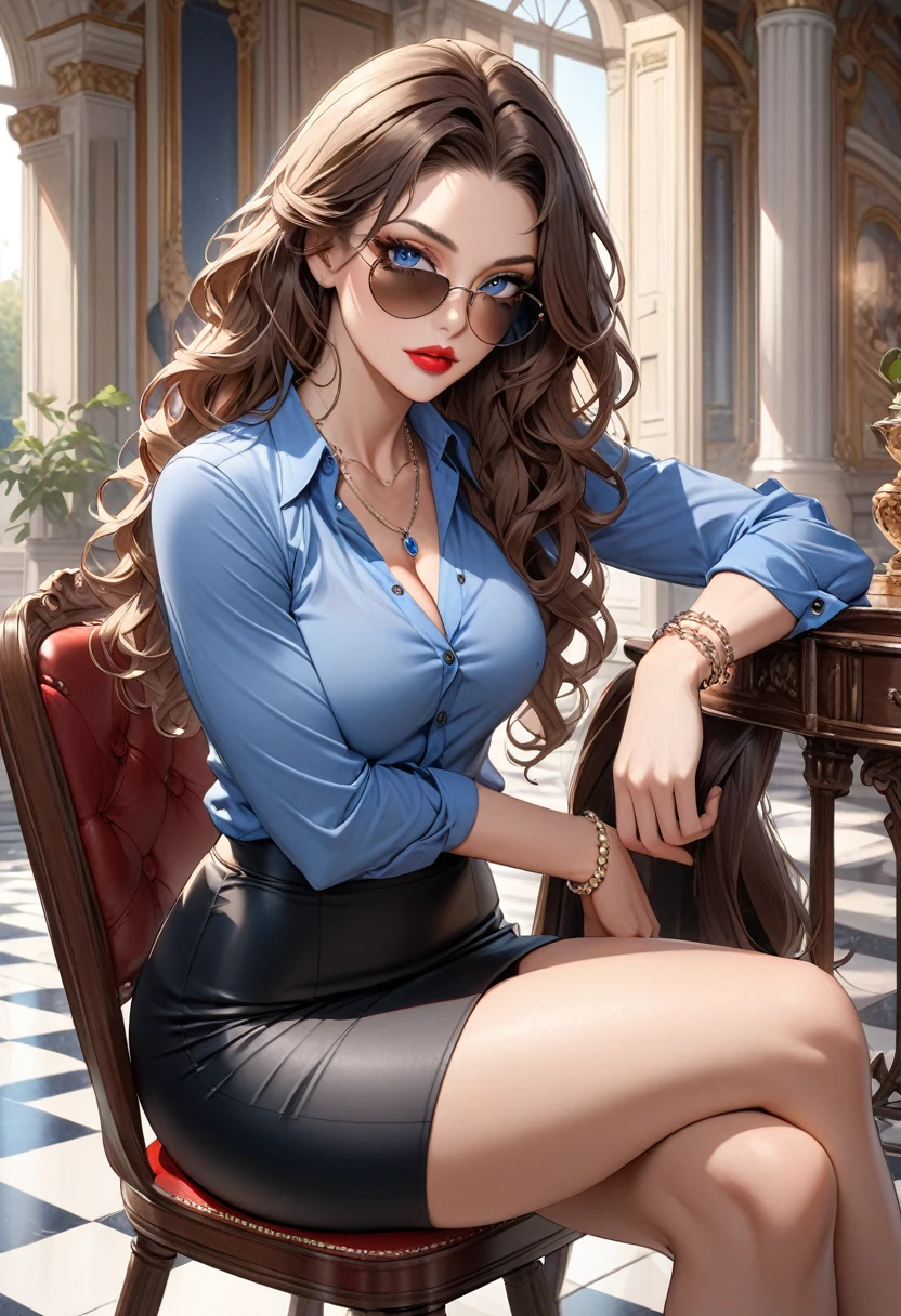 Ultra Quality, Extremely Detailed, High Resolution, Woman, (1girl), 31year old, Italian Woman, seductive eyes, red lips, blue eyes, brown hair, long hair, wavy hair, athletic body, lean muscles, Italian palace, blue buttoned shirt, black pencil skirt, diamond necklace, diamond bracelets, oval sunglasses, looking to camera, sitting on chair, black high heels