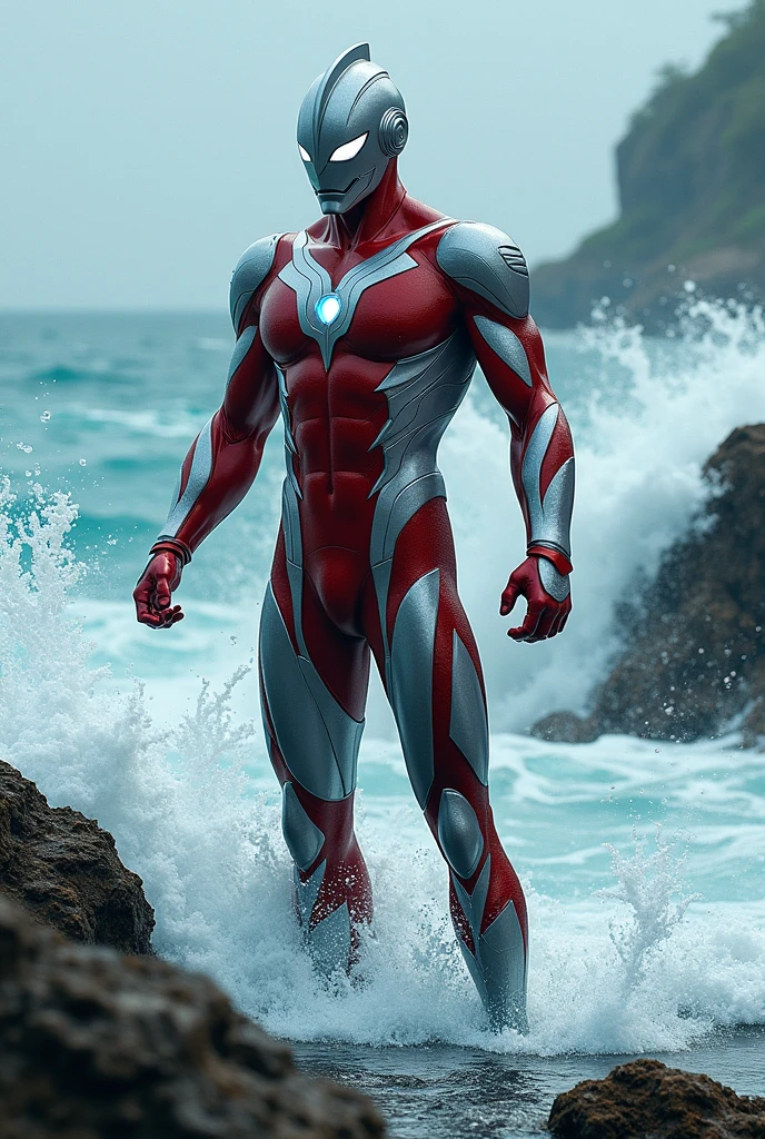 Imagin// ultraman coming out of ocean in ai style 