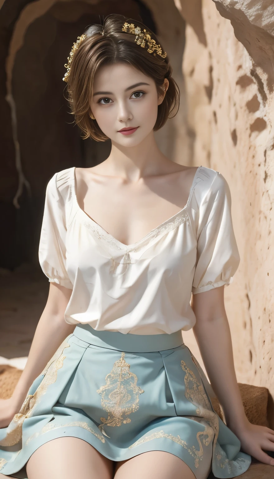 261(20-year-old female,Short hair), (masterpiece, , Beautiful:1.2，Cami White), Very detailed, (Small wavy hairstyle:1.1), (Colorful clothes:1.1), (Cave Tours:1.2), Mid-distance half court,  (Multicolor skirt:1.2),  (Rococo Museum 1.2)，Sit on the ground and rest，Multiple postures，Indoor lighting photography