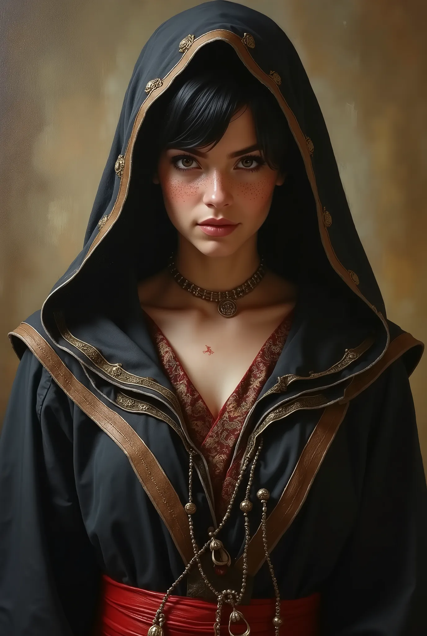 (realistic oil painting, Image up to the waist, 20-year-old princess, Arabian, black eyes, Vibrant appearance, jet black, short hair), Ezio Auditore Tunic, Hooded, black, brown, red detail, Decorations, Freckles 5% of the zygomatic bones, Perfect Face, Critical Camera, Blurred Background, Warm Light, Garment Details, Strong leftovers, Mystery Pose