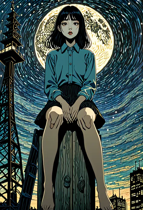 illustration、art、junji ito、overaction、overreaction、sit on top of a tall tower、attention to detail、black hair、long hair、bob hairc...