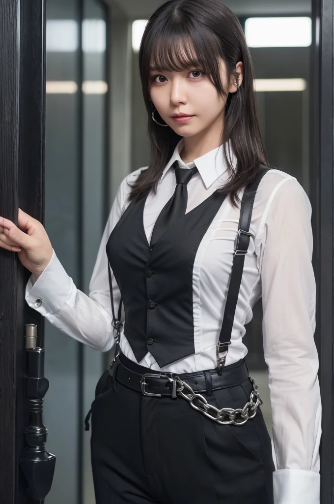 a woman in a suit, belt, hands behind back, sweating, suspenders, black pants, large breasts, see-through clothing, rain, detective, office worker, white button-up shirt, (best quality,4K,8k,highres,masterpiece:1.2),ultra-detailed,(realistic,photorealistic,photo-realistic:1.37),hyper-detailed,highly detailed face and body, slender　thin　suspenders　Moderate breasts　See-through shirt　Nipples　holster　chain　Pistol　Armament　criminal　Female criminal　knife 　 Hands Behind Back　Constraints: A perfect bust, black mask, alone