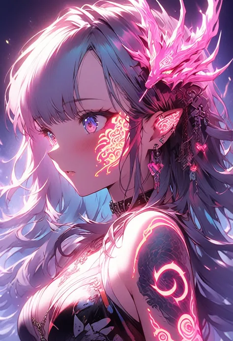 cyberpunk、artistic anime illustration of a cool girl adorned with thick, glowing neon dragon tattoos on her body and face、neon g...