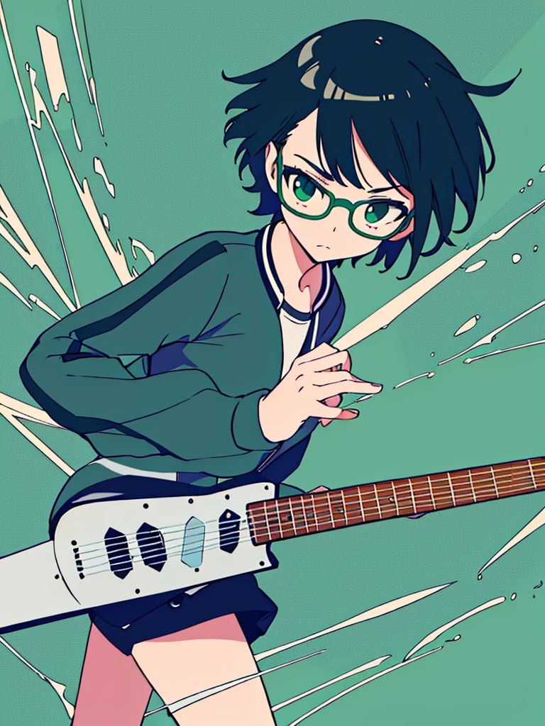 masterpiece, best quality, One girl, natural, monochrome, upper body, jitome, wearing round glasses, Track Jacket, short hair, high angle, Dynamic feeling, action, transparency, Anime, blue green background, cool, Telecaster,