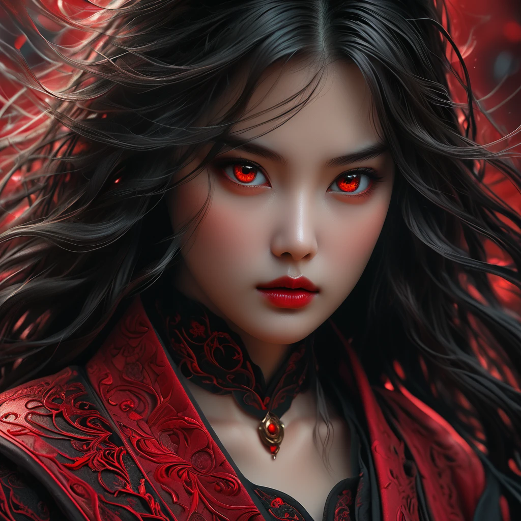 masterpiece,best quality,realistic art style,Ultra-realistic 8k CG,ultra-detailed background,delicate pattern,intricate details,best quality,very detailed face,extremely detailed eyes and face,extremely detailed eyes,1girl,samurai,solo,red background,long hair,black hair,red eyes,red highlight,sharp eyes,(floating red ink),light artifact,thick smoke,river,light,