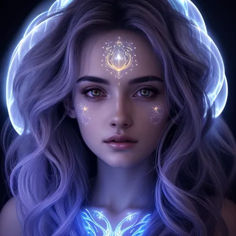 a celestial being, highly detailed intricate features, glowing eyes, iridescent skin, flowing celestial hair, celestial patterns...