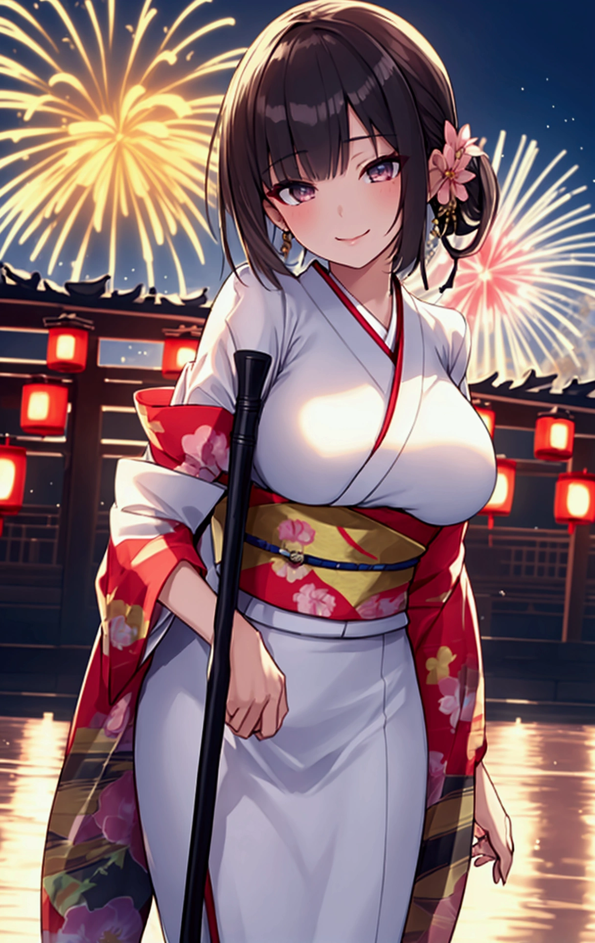 (((Best Quality, 8k, masterpiece))), Sharp focus, (Beautiful woman with perfect figure), thin, (Hairstyle: superior)), ((Kimono: Cane)), street: 1.2 Highly detailed face and skin texture Detailed eyes Double eyelids Random pose, Big Breasts, valley, (smile),ssuperiorer cute Japan person,ssuperiorer beauty Japanese girl, Realistic Face, Double eyelids,smile,Summer Festival , sundown ,Fireworks Background., NSFW