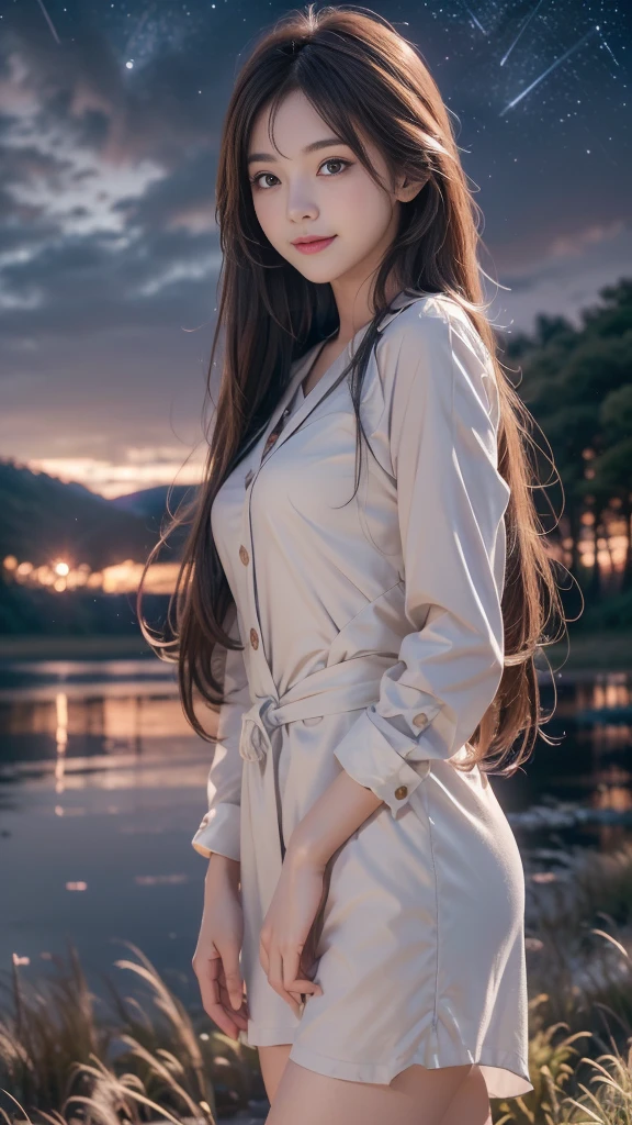 ulzzang-6500-v1.1, (RAW photo: 1.2), (Real photo), (Real photo: 1.4), 1 girl、Perfect anatomy、1、Looking at the camera、smile, Medium length hair、beside a vast lake in the middle of a wild forest, ((under the night sky with stars: 1.1))、 (Business service)、Asian eyes Ella,