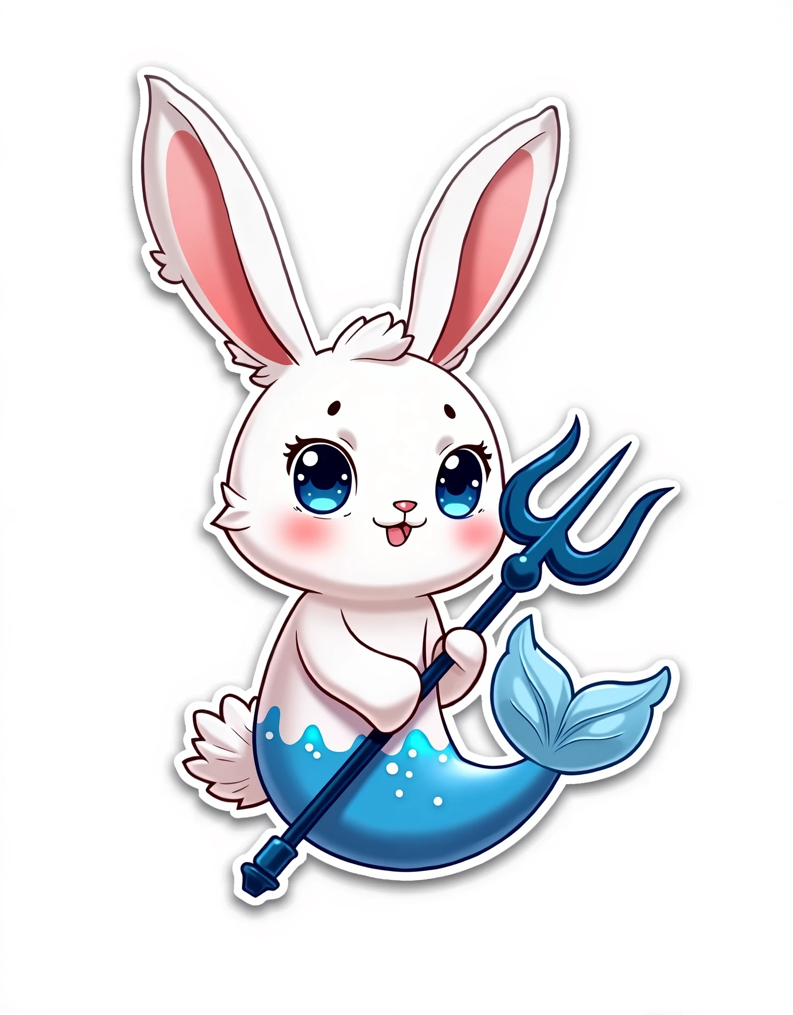 digital 2D artwork, sticker style, chibi style, a cute chibi of white rabbit with fishtail holding a god of sea trident, blue and white fishtail, blue and white trident, happy face, big cute eyes, very long rabbit ears, simple white background