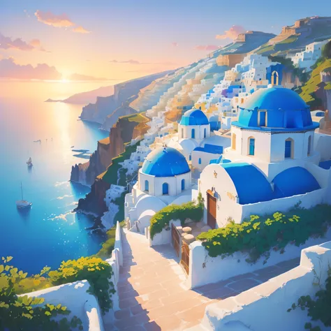 painting of a beautiful view of a greek village with blue domes, greek fantasy landscape, greek fantasy panorama, santorini, med...