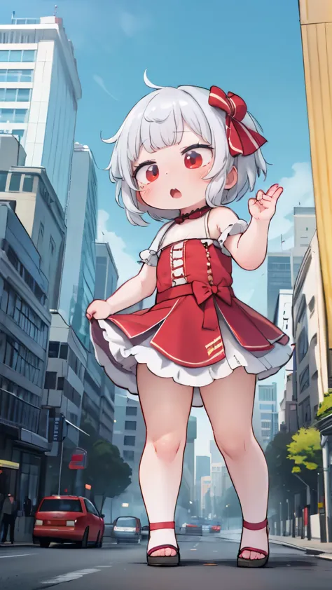 Concept Art，Beautiful anime scene，Best Quality，32k resolution，Cute young  ，Full body photo，Silver Hair，Red eyes，Bobcut, (looking forward to it), (Surprised), (Red cheeks), Android, Extremely small type, Very short stature，Very thin thighs，Small Ass，A かわいい pink gothic dress with ruffles，Mecha Girl，Outdoor，[Dynamic pose, rampage, GTS, giant，