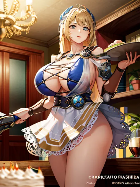 masterpiece, highest quality, sophitia alexandre,birthday,birthday cake,inside the house,light blue sleeveless,mini skirt, gigan...