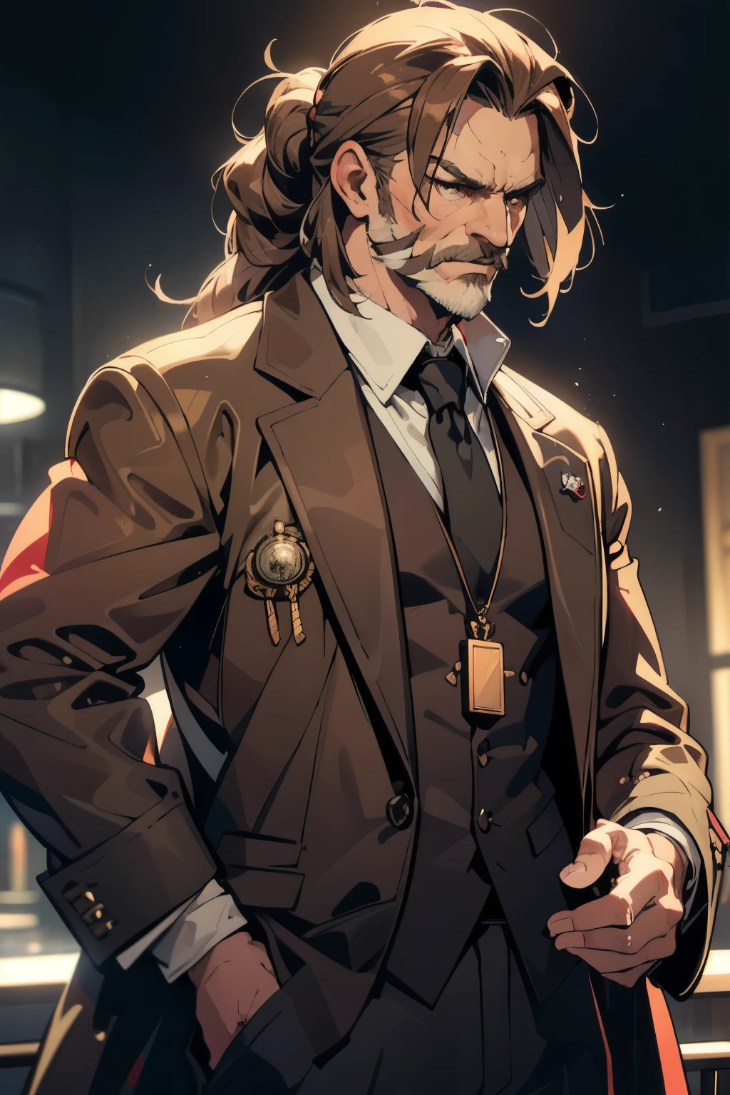 a middle-aged muscular male scientist with unruly long brown hair, wearing a monocle on his right eye, sporting a mustache, dressed in a white shirt, a dark red vest, and a black coat, holding a pocket watch in the palm of his hand, handsome, anatomically correct, high detail, ultra-high resolution, masterpiece, gritty older gentleman, cool scientist, bangs, ponytail, like Liquid Snake from Metal Gear Solid, messy hair, piercing gaze, celebrity-like handsomeness, lovely older gentleman, rugged, left hand is mechanical, hair tied in front, cool older gentleman illustration, 8k octane, unbuttoned shirt, (best quality,4K,8k,highres,masterpiece:1.2),ultra-detailed,(realistic,photorealistic,photo-realistic:1.37),HDR,uhd,studio lighting,ultra-fine painting,sharp focus,physically-based rendering,extreme detail description,professional,vivid colors,bokeh,portraits,concept artists,single mechanical arm,Clockpunk,super fine concept art,robot joints,Golden Eyes, fineeye,High resolution, masterpiece, High detail, Winner of numerous awards, Ultra high definition, Very detailed, high quality, 