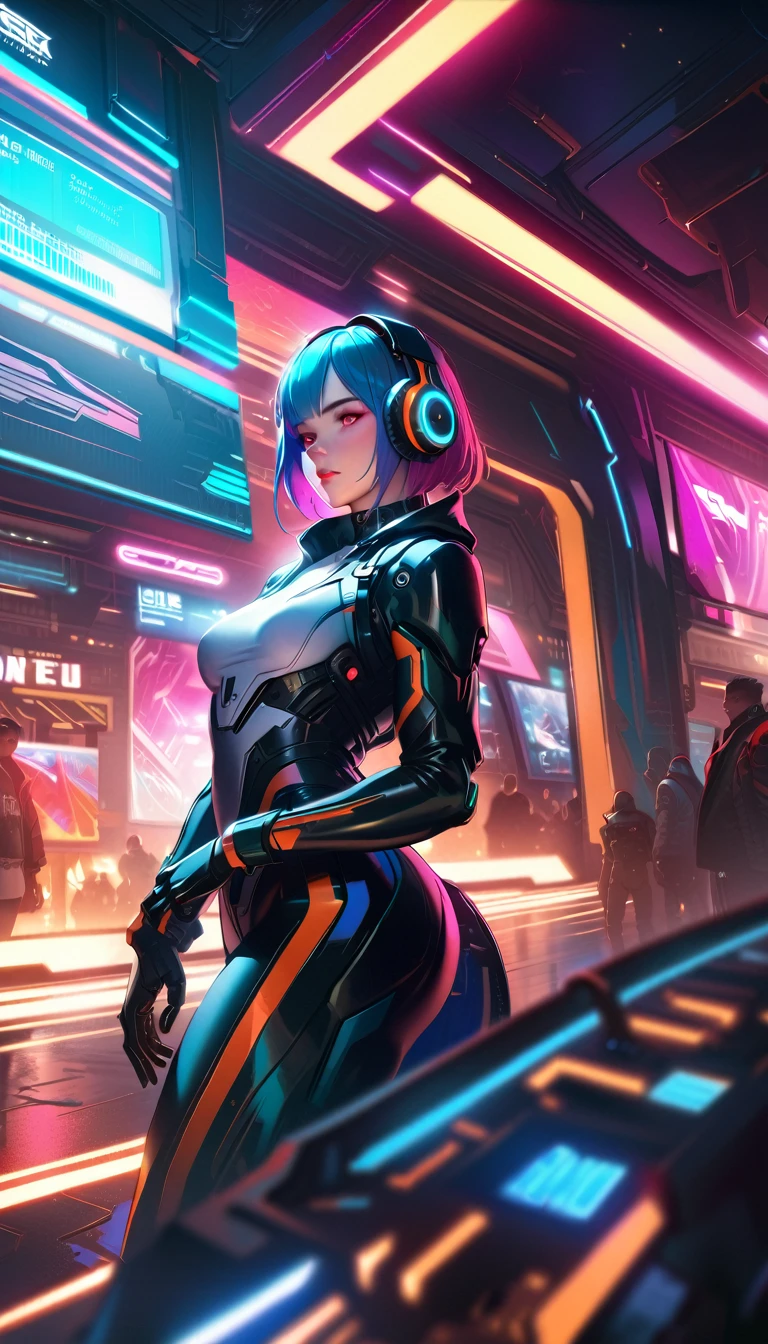 a woman with headphones standing next to a robot, cyberpunk art by Jason A. Engle, cgsociety, retrofuturism, ilya kuvshinov, sci-fi, futuristic, vibrant, photorealistic, realistic, dramatic, cinematic lighting, sharp focus, 8k