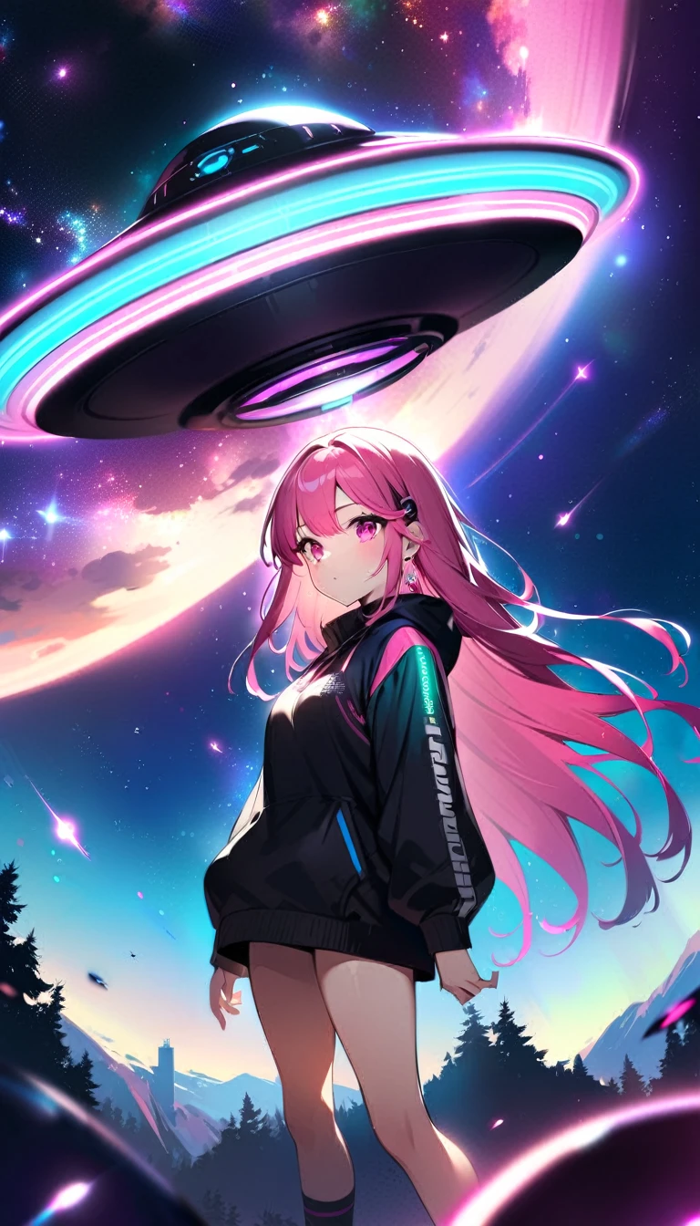 Long pink hair woman, night, neon, flying saucer, abduction, galaxy background, neon lights, black clothes with led, 4k  