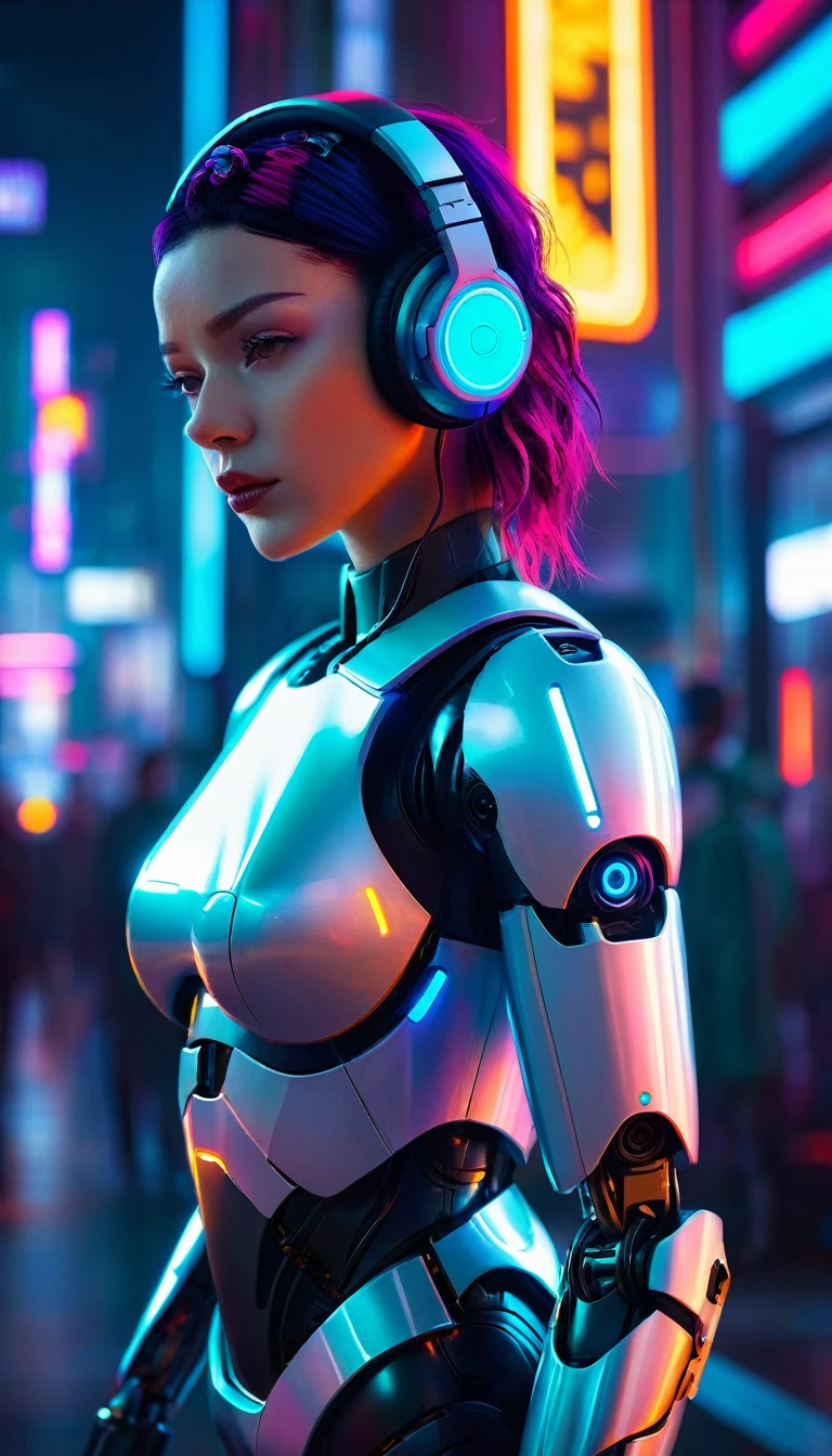 a woman with headphones standing next to a robot, cyberpunk art by Jason A. Engle, cgsociety, retrofuturism, ilya kuvshinov, sci-fi, futuristic, vibrant, photorealistic, realistic, dramatic, cinematic lighting, sharp focus, 8k