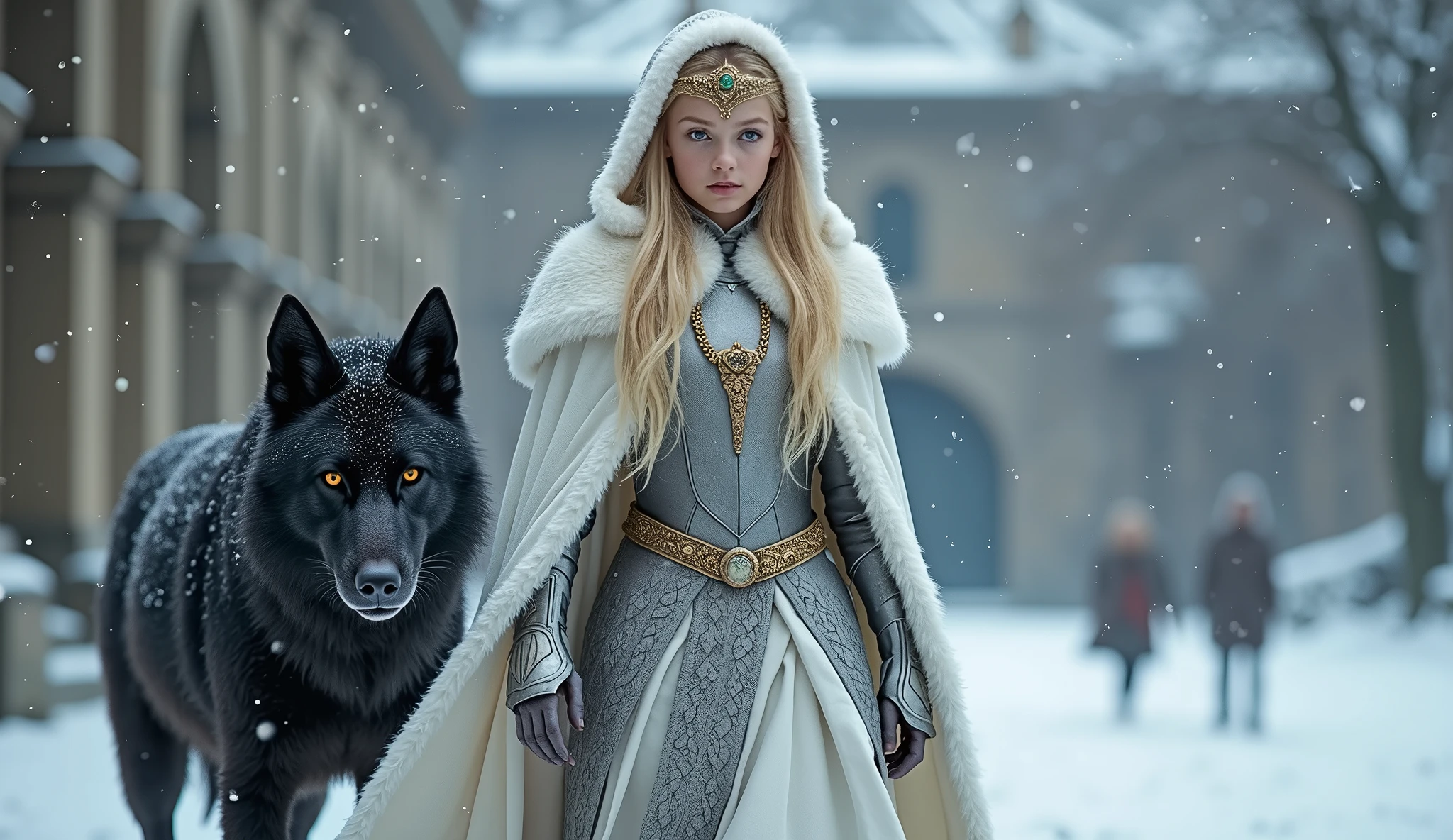 In this wintery scene, we see the young 1 elf Princess Saoirse walking through the castle courtyard, followed by her black dire wolf guardian. Their fur lined white cloak is worn over her skin tight armor. Their armor is adorned with a silver ivy pattern running from the ankles to their shoulders. She is wearing a small gold tiara set with a heart shaped gold topaz. she has her hood pulled up to protect their heads from the falling snow as locks of herr flowing blonde hair have slipped out from under the hood and are gently blown by the breeze.