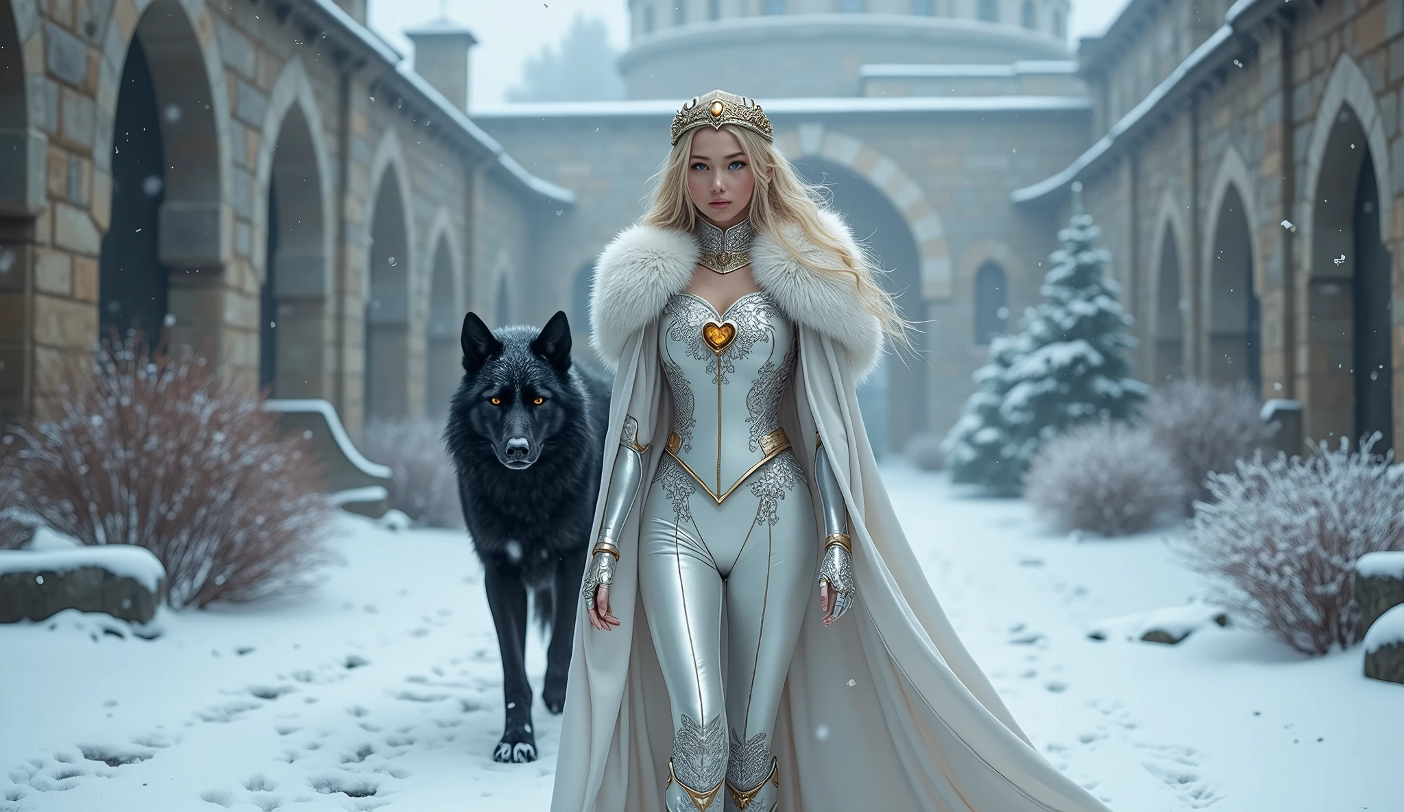 In this wintery scene, we see the young 1 elf Princess Saoirse walking through the castle courtyard, followed by her black dire wolf guardian. Their fur lined white cloak is worn over her skin tight armor. Their armor is adorned with a silver ivy pattern running from the ankles to their shoulders. She is wearing a small gold tiara set with a heart shaped gold topaz. she has her hood pulled up to protect their heads from the falling snow as locks of herr flowing blonde hair have slipped out from under the hood and are gently blown by the breeze.