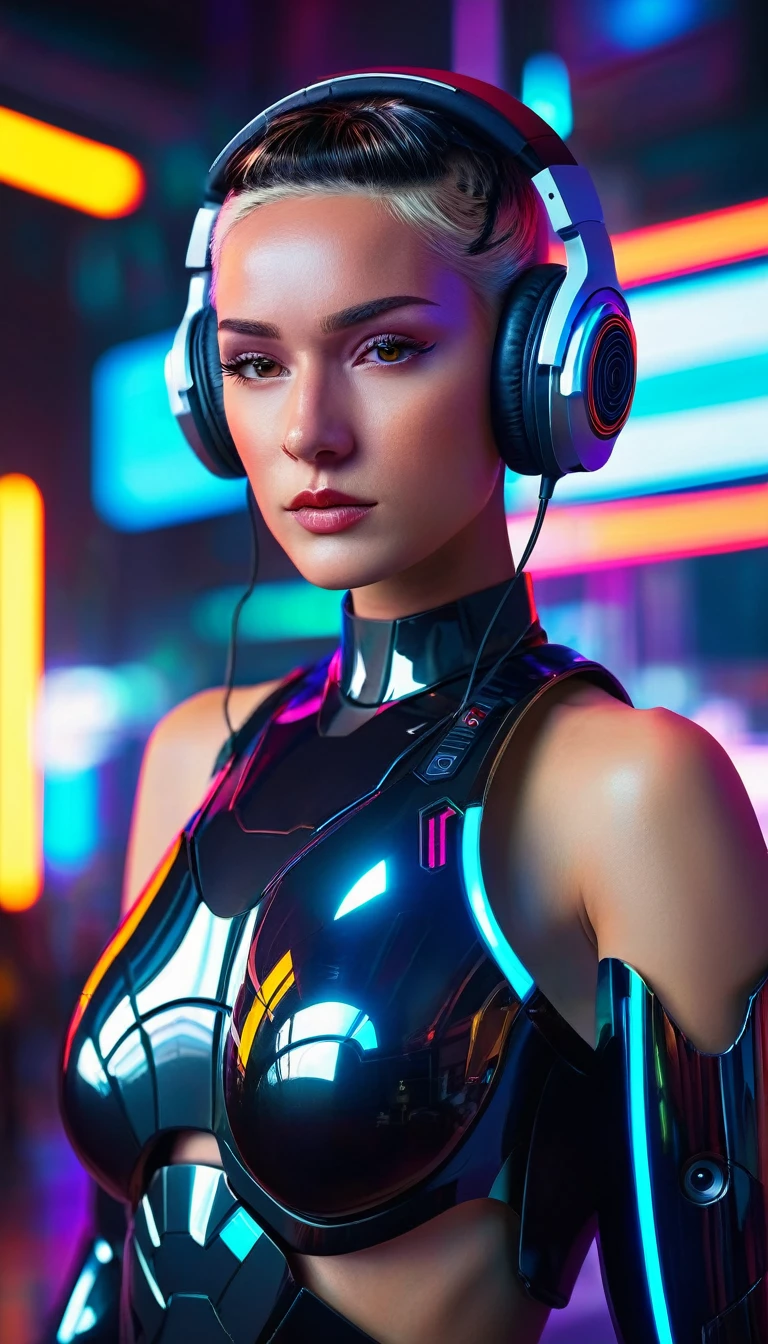  Georgia ellenwood with headphones standing next to a robot, cyberpunk art by Jason A. Engle, cgsociety, retrofuturism, ilya kuvshinov, sci-fi, futuristic, vibrant, photorealistic, realistic, dramatic, cinematic lighting, sharp focus, 8k