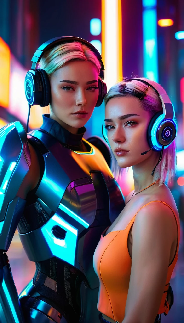  Georgia ellenwood with headphones standing next to a robot, cyberpunk art by Jason A. Engle, cgsociety, retrofuturism, ilya kuvshinov, sci-fi, futuristic, vibrant, photorealistic, realistic, dramatic, cinematic lighting, sharp focus, 8k