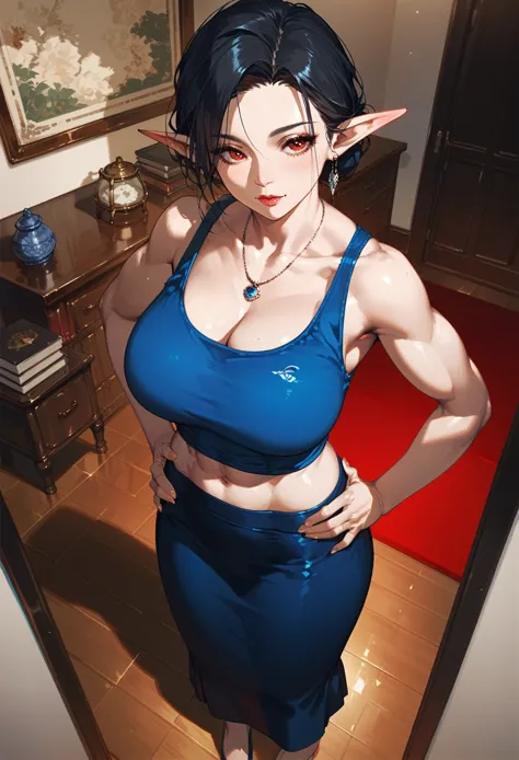 , score_9,score_8_up,score_7_up, mature elf , white skin, red eyes, short black hair, toned body,  wearing a blue tank top and l...