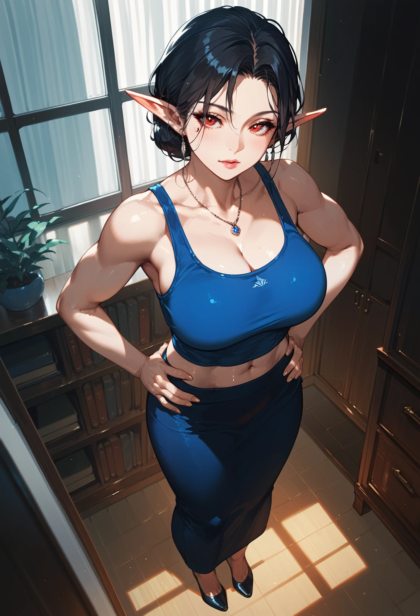 , score_9,score_8_up,score_7_up, mature elf , White skin, red eyes, short black hair, toned body,  wearing a blue tank top and long skirt, hands on hips, high angle shot, indoors, inside of a room, nighttime 