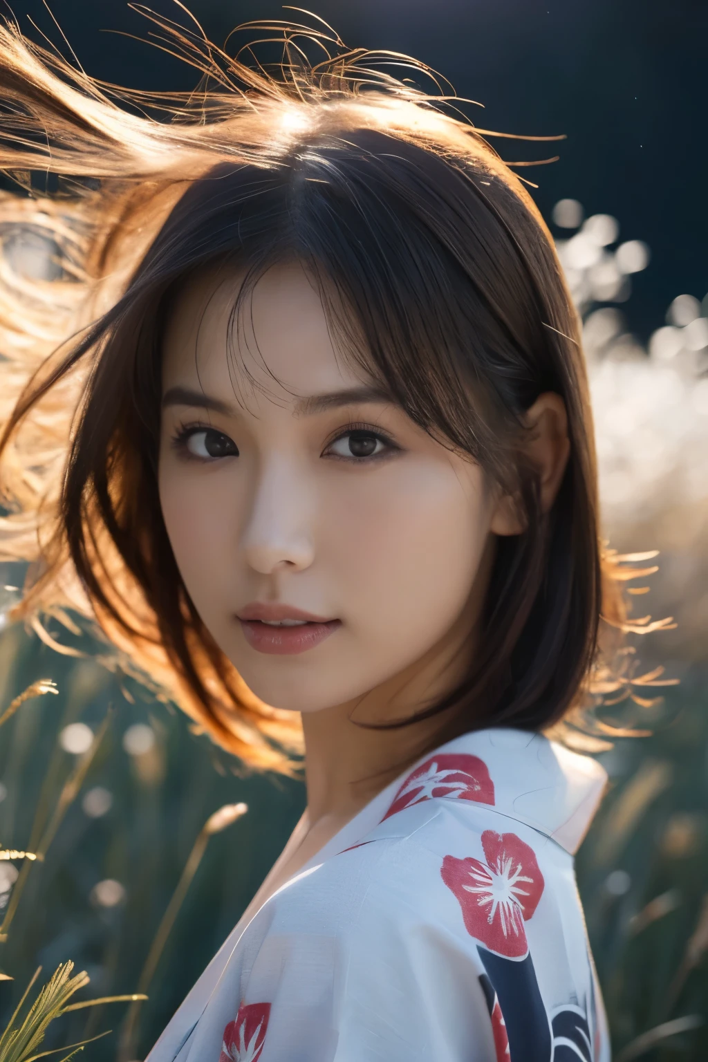 1 girl, (She is wearing a cute yukata:1.2), Very beautiful Japanese idol portraits, 
(RAW Photos, Best Quality), (Realistic, Realistic:1.4), (masterpiece), 
Very delicate and beautiful, Very detailed, 2k wallpaper, wonderful, finely, Very detailed CG Unity 8K wallpaper, Very detailed, High resolution, Soft Light, 
Beautiful detailed girl, Very detailed目と顔, Beautiful and sophisticated nose, Beautiful and beautiful eyes, Cinema Lighting, 
(Standing in a field of silver grass on a moonlit night:1.3), (Big Moon), (月明かりに浮かぶ少女のwhole bodyのシルエット), (Dark screen:1.5), 
(Medium Hair), (hair blowing in the wind), (whole body), 
Complete Anatomy, Slender body, Small breasts