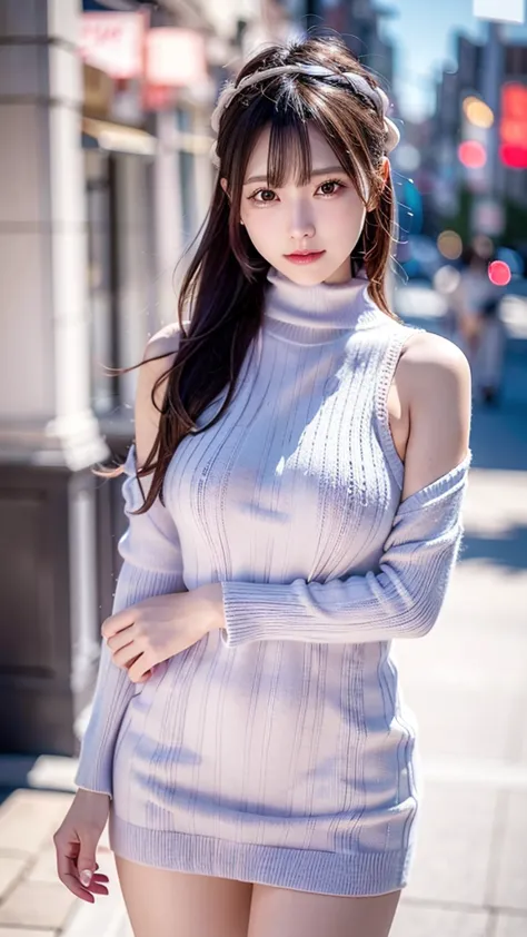 1 girl,((oversized high neck cable knit,short knit dress,i can see your thighs,i can see your shoulders,dramatic pose)),smile,wa...