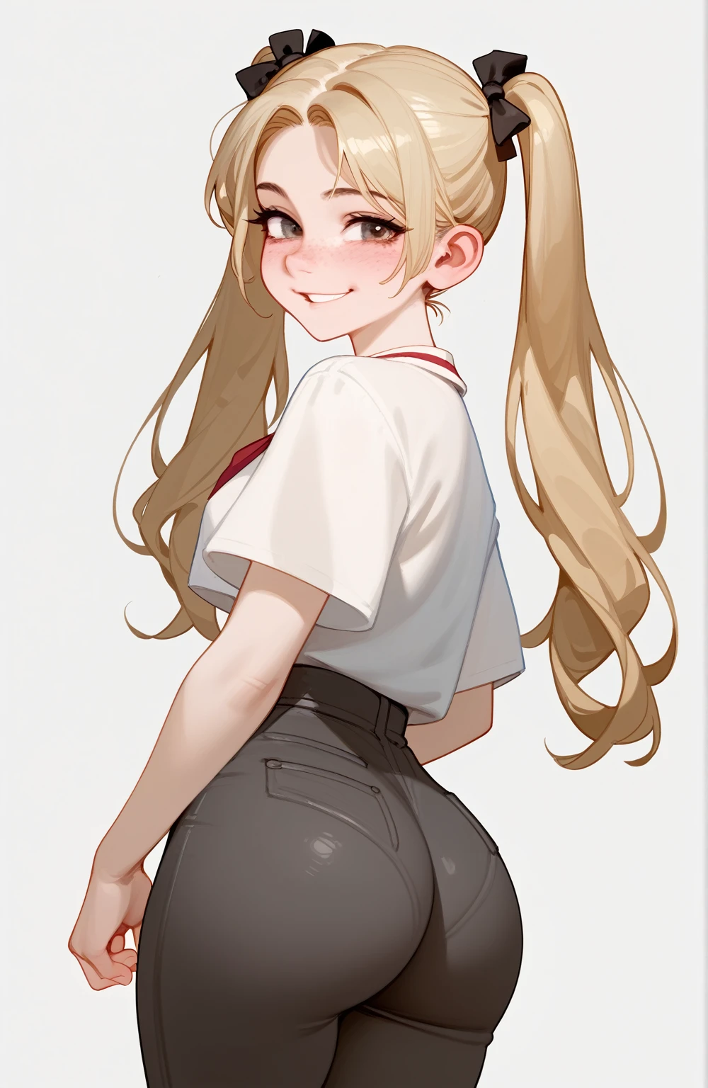 score_9,score_8_up,score_7_up,score_6_up,score_5_up,score_4_up,1girl, pretty girl, shy smile, blond hair, in twintails, pale skin,highly detailed face, cute nose, seductive, freckles, slim blouse, black pants ,big bust,wide hips,big ass,bubble ass,athletic legs,juicy ass,hot,horny,seductive sexual pose,uncensored
